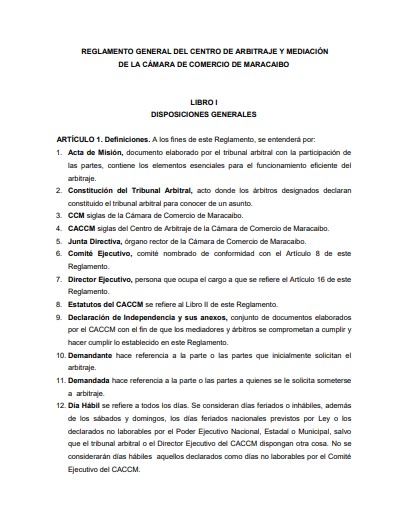 Reglamento general del centro de arbitraje y mediación de la Cámara de Comercio de Maracaibo